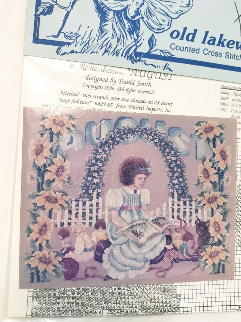 August Counted Cross Stitch Pattern Old Lakewood Designs Girl Sunflowers Kitten